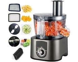Commerciële elektrische groentesnijder 600W, 5L keukenmachine met 4 messen voor het snijden en raspen van uien, wortels, komkommers, fruit en groenten.