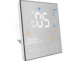 Slimme Thermostaat - Temperatuurregelaar Verwarming - Comfort Verhogend - Geborsteld Metaalpaneel - Vierkant Display - Zilver