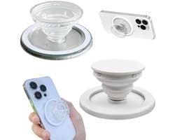 Set van 2 telefoonstandaards — Telefoongrepen — Magnetische houders — Uitschuifbare tabletstandaards — N52-magnetisme — Ingebouwde magnetische ring — Compatibel met diverse smartphones, tablets, e-readers (5,7 x 0,8 cm — Wit, Transparant)