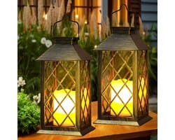 2 st. Grote zonnelantaarn voor buiten, met kaars - Waterdichte tafellamp, hanglamp, buitenzonnelamp voor balkon, tuin en terrasdecoratie - Brons LED-verlichting voor huisdecoratie