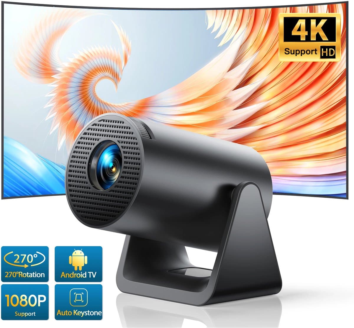 Mini Beamer - Projector - Digitale Projector - Draagbaar - Wi-Fi 6 en Bluetooth 5.2 - Android 11 Systeem - Ingebouwde Luidspreker - Compatibel met HDMI - Voeding - USB- EU Stekker Type - 300 ANSI - 29W - Zwart — afbeelding 1