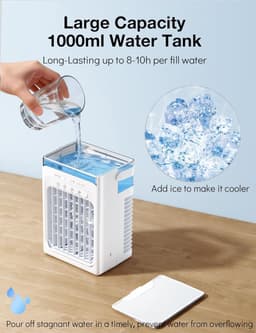 Mini airco 4-in-1 draagbare luchtkoeler met 1000 ml watertank, 3 snelheden, USB en timer — thumbnail 4