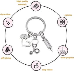 4-delige set driedelige sleutelhangerset met creatieve combinatie (stethoscoop spuit verpleegsterdop) cadeaus voor medische studenten verpleegstersgeschenken - Kleur: roestvrij staal — thumbnail 1