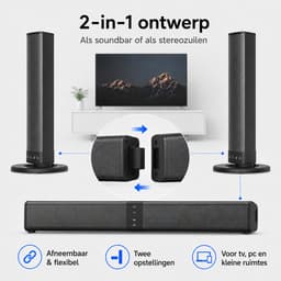 Gloovon® Deelbare Soundbar & PC Speakers - Bluetooth 5.0 & Bedraad - 20W Stereo Audio met 2000mAh Accu - AUX, RCA & USB - Zwart — thumbnail 4