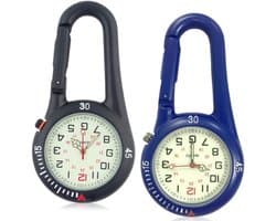 Pakket van 2 karabijnhaakhorloges, zakhorloge met karabijnhaakbevestiging, waterdichte karabijnhaakhorloges, zusterhorloge, lichtgevend analoog quartzhorloge, karabijnhaakhorloge voor fietsers, klimrugzak