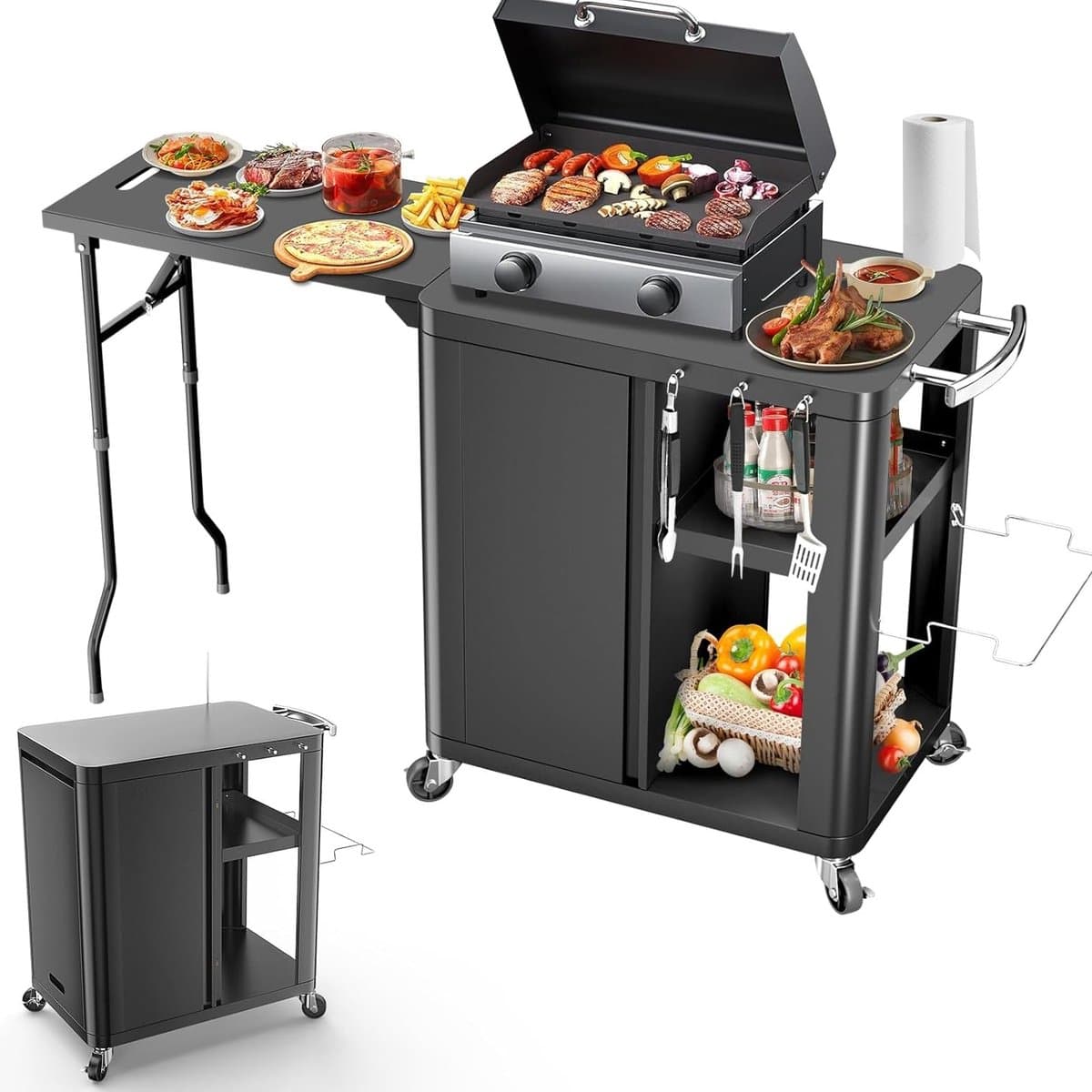 Grill trolley met opklapbare zijtafel, multifunctionele buitenkeuken met opbergruimte en wielen, 143 x 37 x 89 cm — afbeelding 1