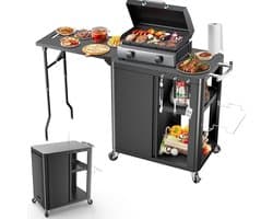 Grill trolley met opklapbare zijtafel, multifunctionele buitenkeuken met opbergruimte en wielen, 143 x 37 x 89 cm