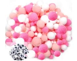 1300 Stuks Creatieve Roze Thema Rond Craft Pom Pompoms 10 mm tot 30 mm met 100 Beweegbare Oogjes voor Hobby, Knutselen en Decoratie