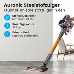 Auronic Steelstofzuiger Draadloos 220W - Draadloze Stofzuiger - HEPA Filter - Zelfstaand - Extra Accu - Op Accu - Zonder Zak - Kruimeldief - Vacuum Cleaner - Grijs/Oranje — thumbnail 2