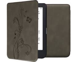 kwmobile e-reader hoesje geschikt voor Kobo Clara 2E hoes - Ereader flip case met standaard - Kunstleren e reader cover - Stengels en Vlinder design in grijs