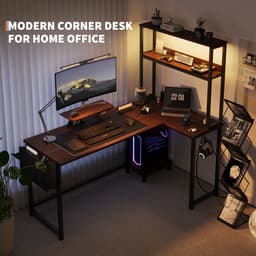 Hoekbureau gaming in L‑vorm met LED, stopcontact & USB 124x92x152 cm - Gaming Desk - Computer Tafel - Gaming Tafel - met zijtas & monitorstandaard - bruin — thumbnail 3