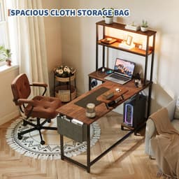Hoekbureau gaming in L‑vorm met LED, stopcontact & USB 124x92x152 cm - Gaming Desk - Computer Tafel - Gaming Tafel - met zijtas & monitorstandaard - bruin — thumbnail 5