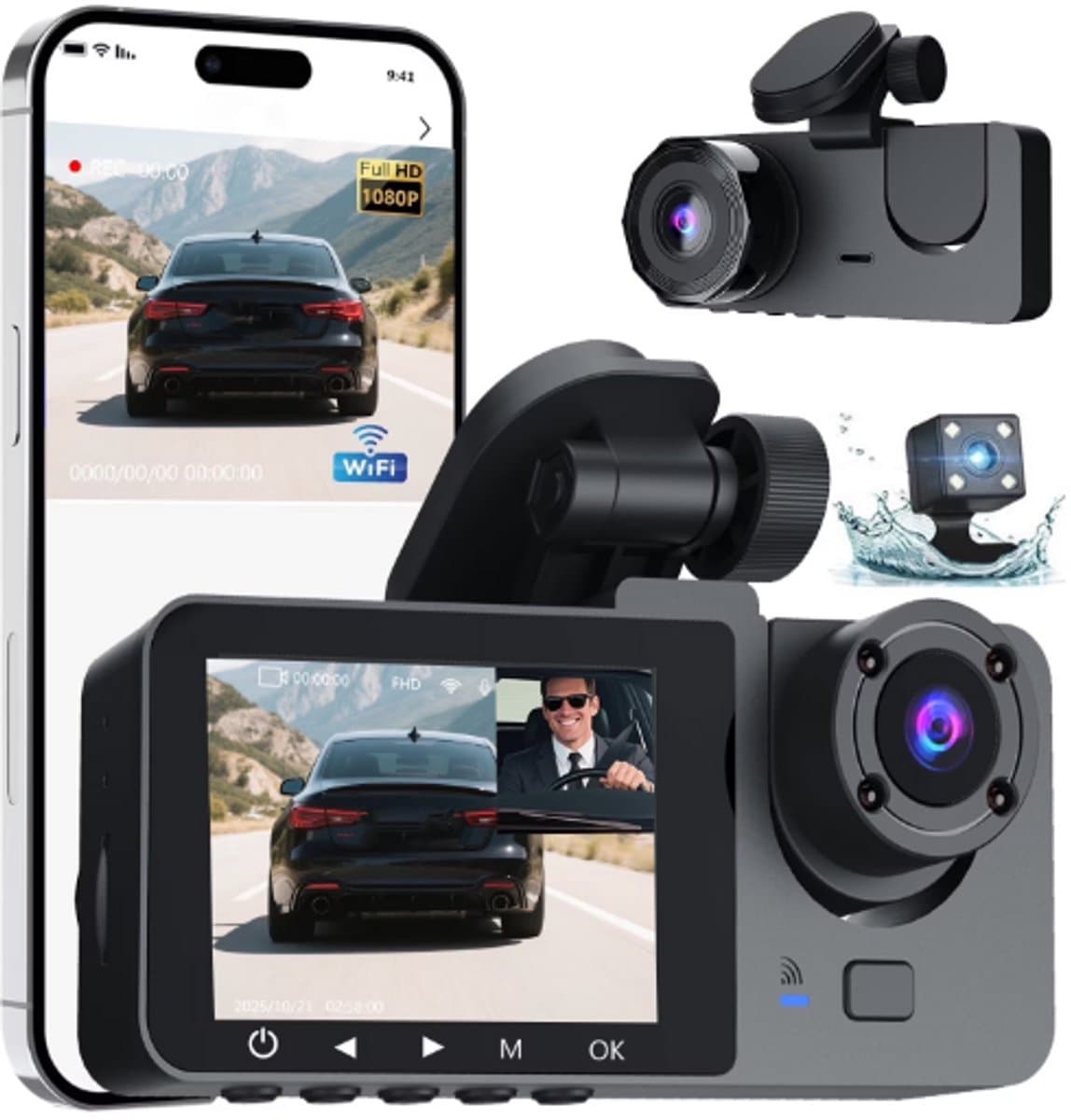 Autocamera - Dashcam met dubbele camera voor en achter, 24-uurs parkeerbewaking, dashcam met drie lenzen — afbeelding 1