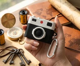 Zwart wit hoesje voor oordopjes unisex in retro camera vorm met karabijnhaak geschikt voor AirPods 4 met reliëf details en compact ontwerp — thumbnail 4
