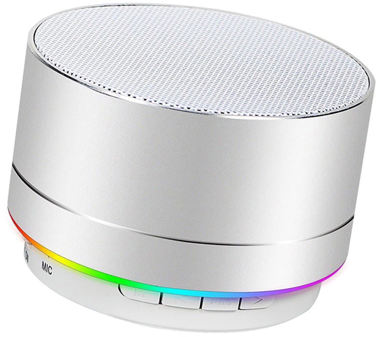Oneay Mini draadloze Bluetooth speaker – Compact model met HD-geluid en 4 uur speeltijd – Ingebouwde microfoon, TF-kaartsleuf, FM-radio en ledverlichting – Voor thuis en op reis – Zilver — afbeelding 1