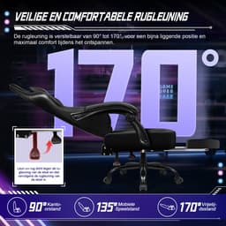 Hiaonyx Gaming Stoel - 170° Verstelbare Rugleuning - Inklapbare Voetsteun - Met stille wielen - Zwart — thumbnail 2