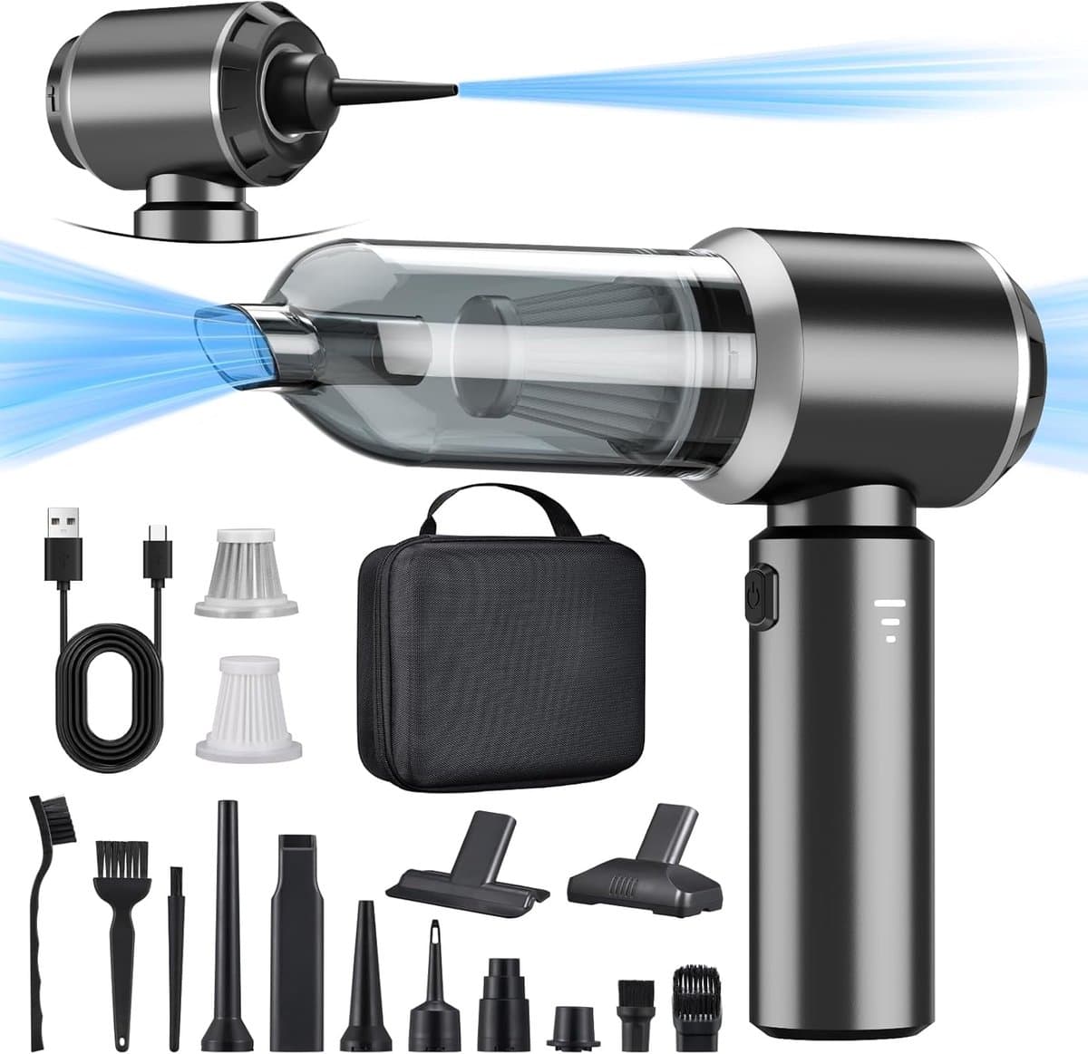 Sander Shop 2-in-1 handstofzuiger accu, 15000PA handstofzuiger, draadloos, autostofzuiger, sterk, 3 snelheden 80.000 tpm elektrische stofblazer persluchtspray voor het reinigen van auto, keuken, pc, bank, kantoo — afbeelding 1