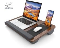 Lexorion SoftBase – Laptoptafel / Lapdesk – Met Kussen & Ergonomische Polssteun – Geïntegreerde Muismat – Laptop Bedtafel voor Bed en Bank - Donkerbruin