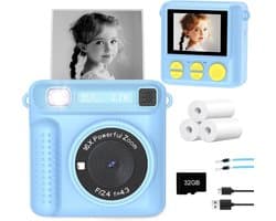 Direct Klaar Camera voor Kinderen - 48MP Kindercamera met Printer - 1080P HD Video & 2.4" Scherm - Incl. 32GB Kaart & 3 Rollen Papier - Blauw - Cadeau