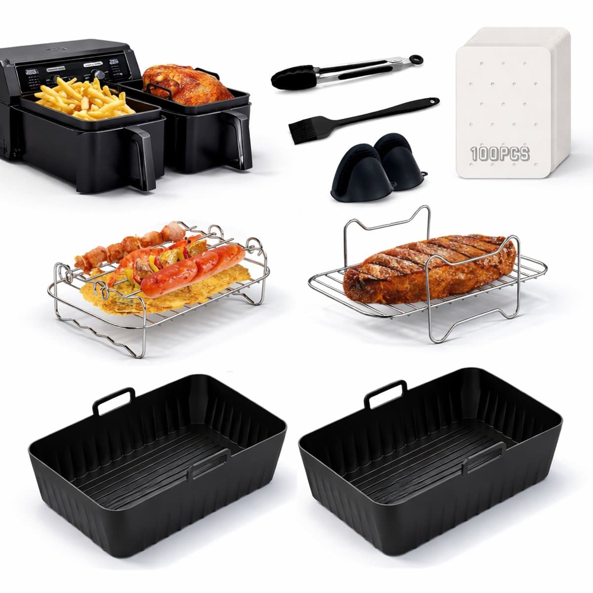 Complete Airfryer Accessoires Set Geschikt voor Dual Airfryer, Dubbele Heteluchtfriteuse XXL Accesoires Compatibel met alle Dual Airfryers — afbeelding 1