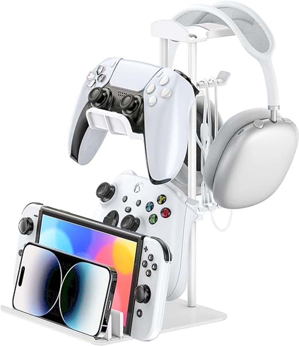 Gaming Headset Standaard met Controllerhouder – Aluminium Headphone Stand – Houder voor 2 Controllers, Headset & Smartphone – Kabelmanagement – Universele Gaming Accessoire — afbeelding 1