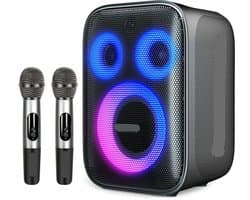 Bluetooth Speaker - Speakers - Partybox - Muziekbox - 120W - met 2 Microfoons - Gitaaringang en 3-Weg Geluidssysteem - Draagbare Speaker - Karaoke - met Lichtshow en Bedrade/Built-in Mic - Zwart