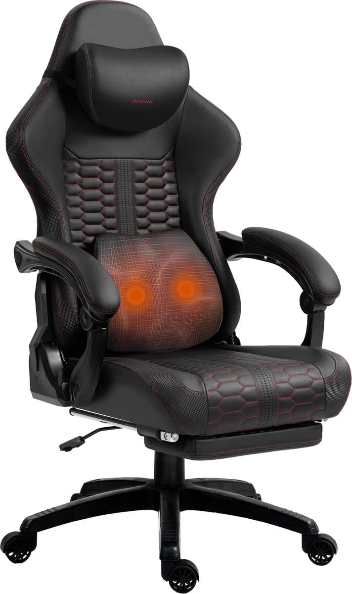 DOWINX Gamingstoel Big & Tall met Massage Lendensteun - PU Leren Bureaustoel met Voetensteun - Ergonomische Gamerstoel - Max. 180 kg - Zwart — afbeelding 1