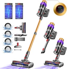 Elekiatech Steelstofzuiger - Steelstofzuiger Draadloos - Met 2 Accu’s - 70000Pa - 3 Standen Zuigkracht - LED-Display - 2200 mAh Accu - 20–70 Min Werktijd - 1,8L - Met Meubelborstel - Voor Tapijt, Harde Vloeren en Dierenharen - Gold — thumbnail 1