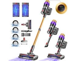 Elekiatech Steelstofzuiger - Steelstofzuiger Draadloos - Met 2 Accu’s - 70000Pa - 3 Standen Zuigkracht - LED-Display - 2200 mAh Accu - 20–70 Min Werktijd - 1,8L - Met Meubelborstel - Voor Tapijt, Harde Vloeren en Dierenharen - Gold