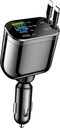 Intrekbare autolader - 4-in-1 supersnelle telefoonlader voor in de auto, accessoires voor het opladen van mobiele telefoons met twee type C-kabels en 2 USB-poorten, universeel voor SUV, sedan en vrachtwagen — thumbnail 1