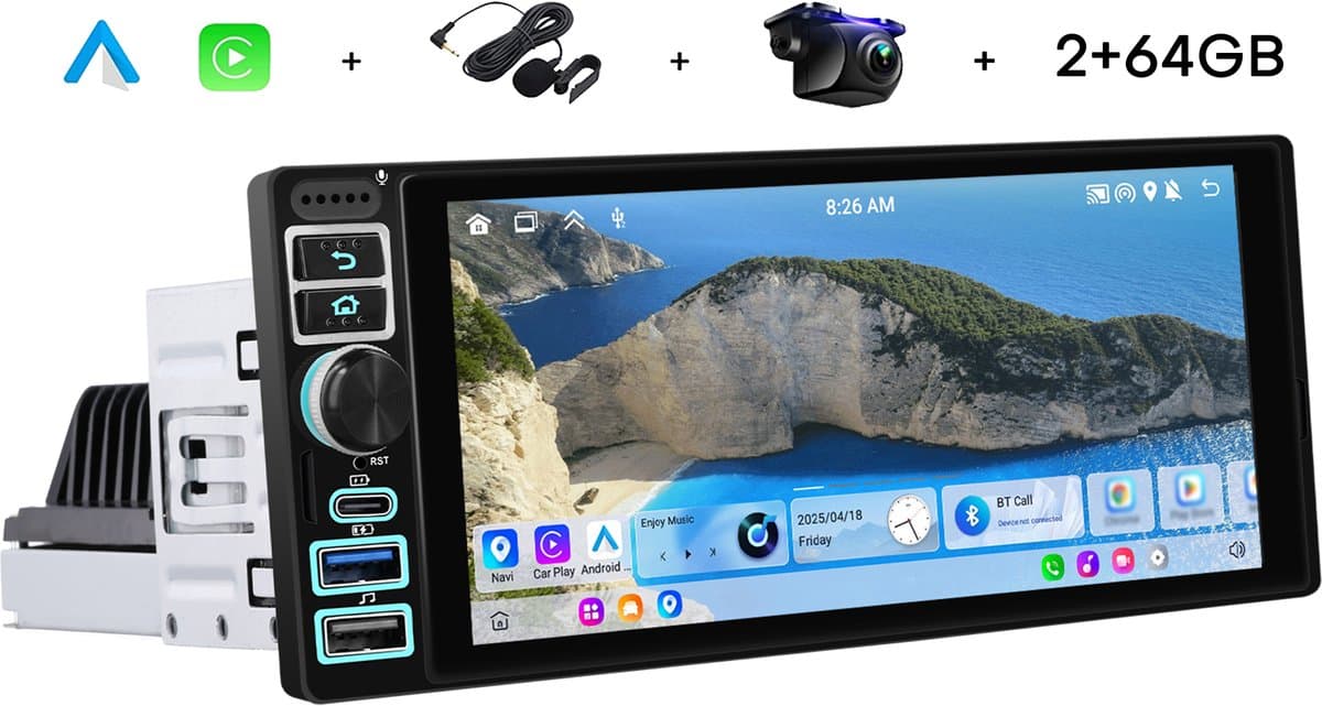 Boscer 1Din Autoradio Universeel - Apple Carplay & Android Auto (Draadloos) - Android 15 - 2+64GB - 6.9 Inch IPS HD Touchscreen - GPS Navigatiesysteem - Bluetooth, USB, USB-C, WIFI & MP5 - AHD Achteruitrijcamera & Microfoon — afbeelding 1