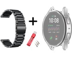 Strap-it RVS stalen schakel bandje Zwart + TPU Case Transparant + Toolkit - Geschikt voor Samsung Galaxy Watch 6 40mm - Bescherming hoesje voor Galaxy Watch 6 40mm smartwatch - Metalen band Zwart + TPU Case Transparant +Toolkit