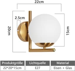 NETTLIFE Wandlamp - Vintage - Goud - Glazen bol - E27 Binnen Wandlamp - Slaapkamer - Trappenhuis-excl. lichtbron — thumbnail 2