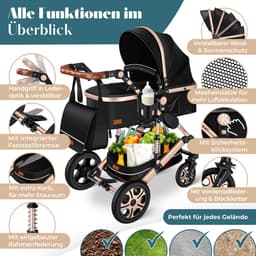 KESSER® Kinderwagen 3 in 1 Loops Wandelwagen Set incl. Autostoel & Reiswieg & Buggy Sportzitje - Massieve Rubberbanden - Luiertas / Regenhoes - Zwart / Champagne — thumbnail 5