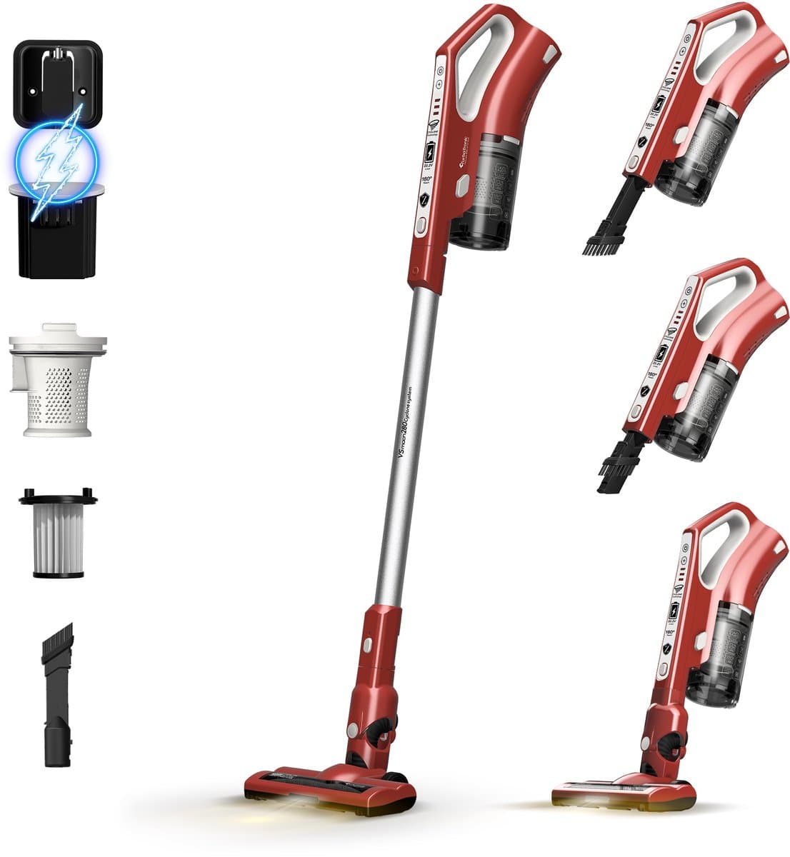 TurboTronic VS280 Cyclonic - 2-in-1 draadloze Steelstofzuiger met kruimeldief – hoge zuigkracht - 2 snelheden - 2200 mAH accu - 180W - extra accessoires - Rood — afbeelding 1