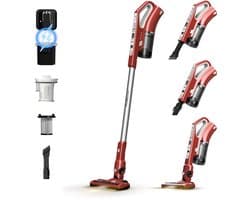 TurboTronic VS280 Cyclonic - 2-in-1 draadloze Steelstofzuiger met kruimeldief – hoge zuigkracht - 2 snelheden - 2200 mAH accu - 180W - extra accessoires - Rood