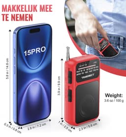 TRANSNECT® - Draagbare Noodradio - Rood - AM/FM - Oplaadbaar & Op Batterijen - Koptelefoonaansluiting - Draagbare Radio - Wereldradio - Noodpakket Must Have - Zakradio - Voor Rampen - Kleine - Transistor Radio - Telescopische Antenne — thumbnail 3