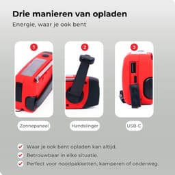 Kiraal – Noodradio Opwindbaar met Accu & Zonnepaneel | Voor Rampen - Noodpakket - Camping & Stroomuitval – Inclusief Nederlandse Handleiding - Rood — thumbnail 2