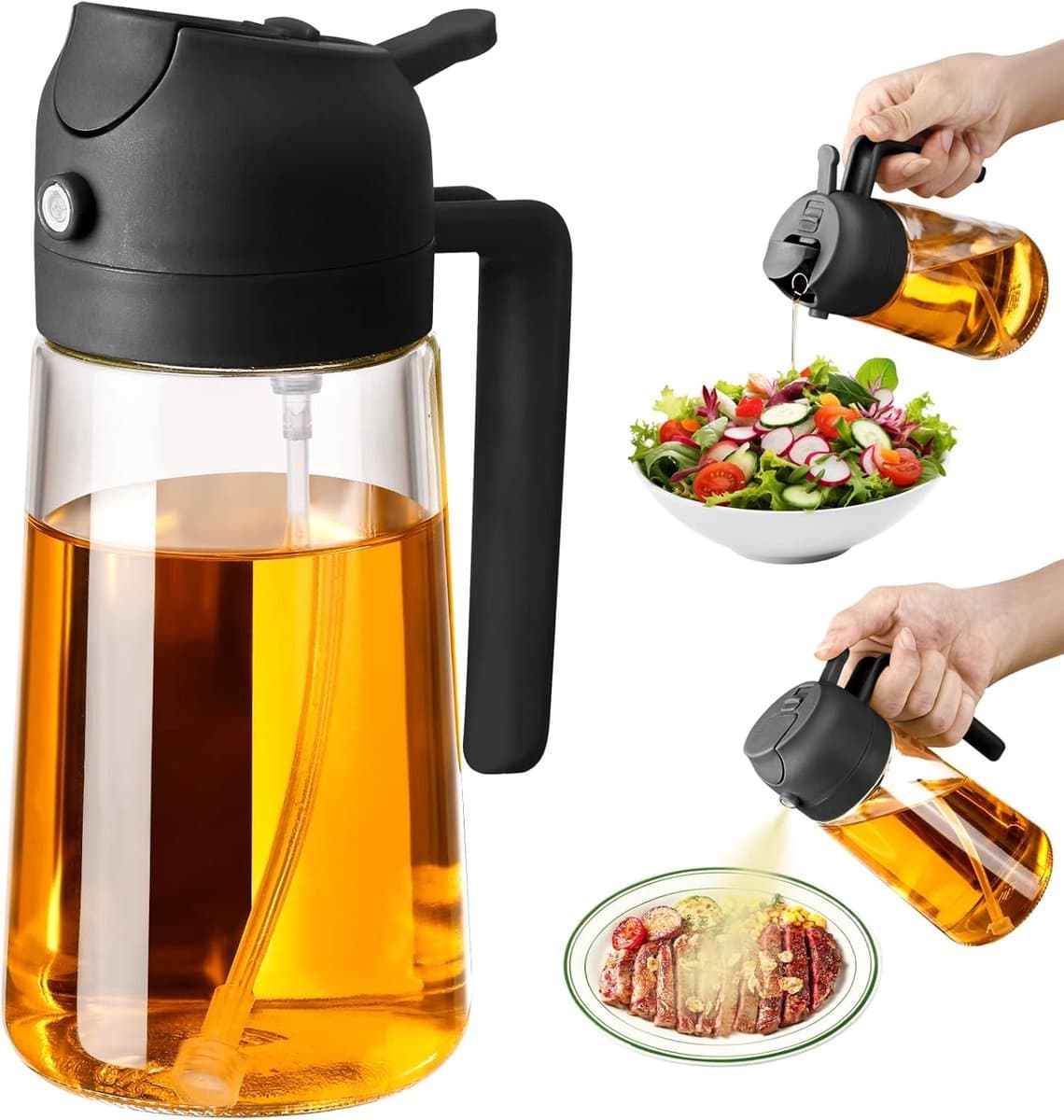 Olieverstuiver en -dispenser 2 in 1 - Olijfoliedispenser en -schenker voor keuken, airfryer, salade, barbecue - Zwart - 470 ml — afbeelding 1