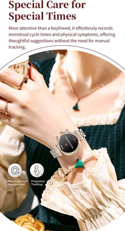 Knobbout Luxe Dames Smartwatch 1.27” met Kristallen – Bluetooth Bellen – HD Touchscreen – Hartslag, Bloeddruk & SpO₂ Monitoring – Vrouwelijke Gezondheidsfuncties – AI spraakassistent– IP68 Waterdicht – Rosé goud stalen horlogeband — thumbnail 8