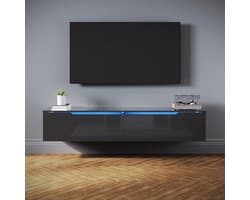 Tv-kast 160 cm met 16 kleuren LED-verlichting, hoogglanzend zwart, hangend/staand, geschikt voor televisies tot 65 inch