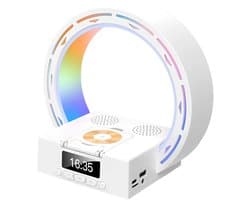 longziming -Bluetooth Speaker – Digitale Klok Slaapkamer – Bluetooth Speaker met Draadloos Opladen 15W – Bluetooth 5.3 – 3D Geluid – LED Sfeerverlichting met Digitale Klok en Telefoonhouder – Multifunctionele Bureau Speaker – wit