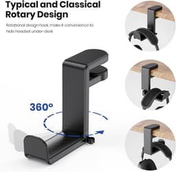 Koptelefoonhouders - Headset Houder - Koptelefoon Haak - Koptelefoon Standaard - Headset Hanger - 11,43*10,16*4,06 cm - Zwart - Kunststof - Verstelbare - Roterende armklem - Antislip - Koptelefoon Houder voor onder Bureau — thumbnail 3