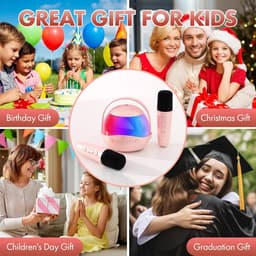 Mini karaokemachine als cadeau Geschikt voor kinderen en volwassenen, draagbare karaokeluidspreker met 2 draadloze microfoons, kindermicrofoon met luidspreker en led-lampje, verjaardagscadeau Geschikt voor meisjes van 3 tot 12 jaar (roze) — thumbnail 3