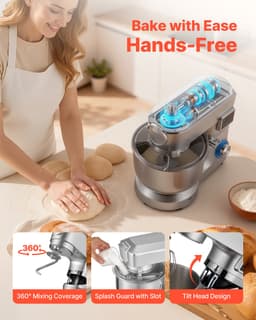 Standmixer met Een Capaciteit van 5,7 L, 1500 W Elektrische Keukenmixer, 6+P Snelheden, Kantelbaar Ontwerp, Inclusief 1,5 L Blenderbeker, Roestvrijstalen Kom, Deeghaak, Garde en Klopper voor Bakken en Mixen, Zilver — thumbnail 3