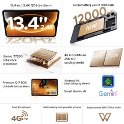 Aorlym P13 Pro - Tablet - 12 GB RAM + 256 GB ROM (2 TB/TF) - 13,4 inch tablet FHD+ 120 Hz - Android 16 - UNISOC T7280 - 12000 mAh - 4G LTE - Wi-Fi 5 - Bluetooth 5.0 - Inclusief toetsenbord, muis, Stylus en hoesje - Dubbele luidsprekers - Grijs — thumbnail 3
