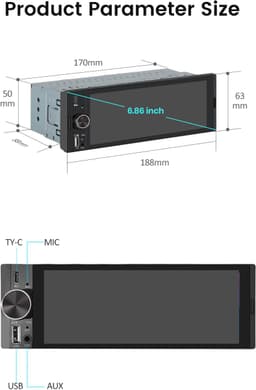 Junsun 6,86 inch Universele 1 Din Autoradio MP5-speler Draadloze Carplay Android Auto BT SWC FM USB Type-C-stekker — thumbnail 2