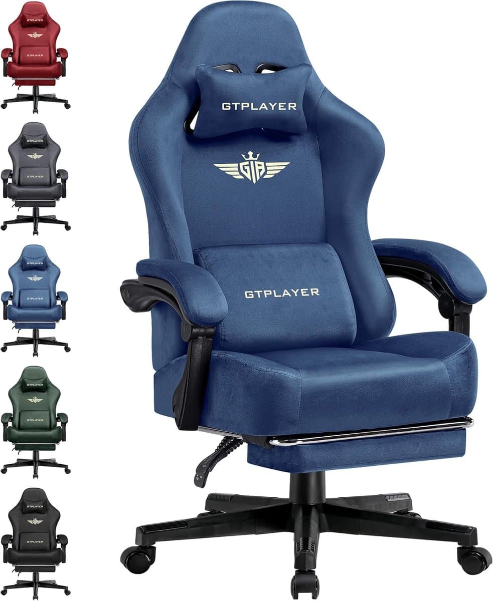 GTPLAYER - Gamingstoel Bureaustoel - Met 160° Verstelbare Rug en Voetensteun - Blauw — afbeelding 1