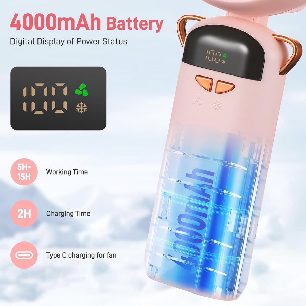 Draagbare Handventilator met Waternevel en Oplaadbare Batterij - 5 Snelheden en Digital Display — afbeelding 1