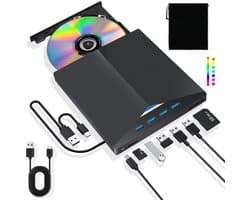 Draagbaar extern station - CD-lezer - DVD-speler Schijfbrander - HUB 8in1 USB-C 3.0 SD/Micro SD-kaartlezer - Plug & Play External voor Mac OS, Laptop, PC Windows 11/10/8/7/XP/Vista/Linux, Zwart